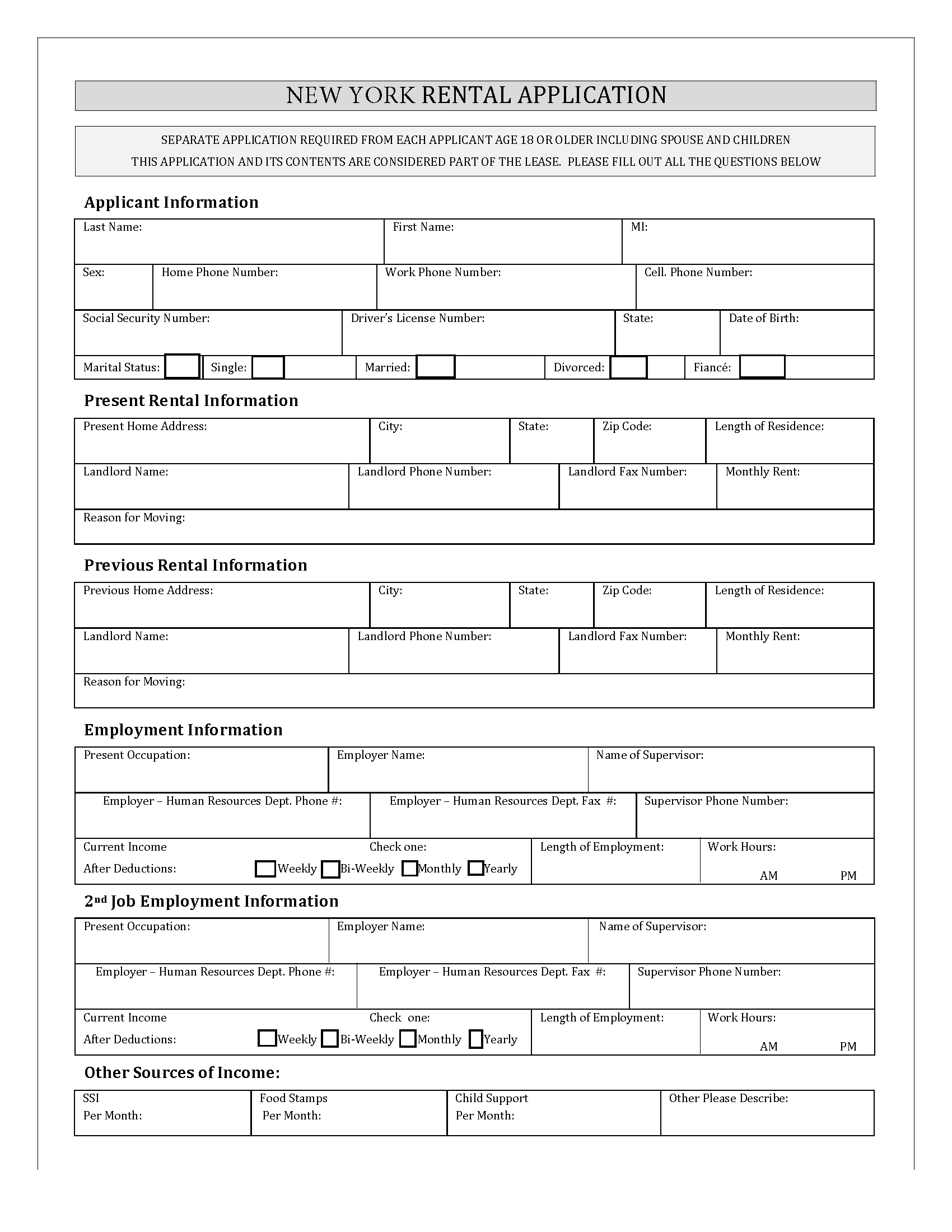 Free New York Rental Application PDF