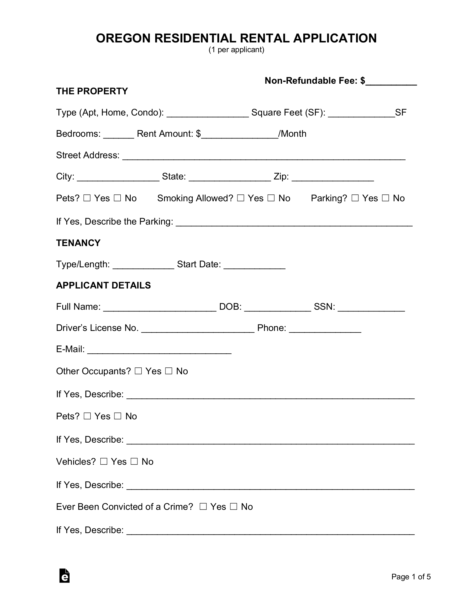 Free Oregon Rental Application Form Word PDF EForms