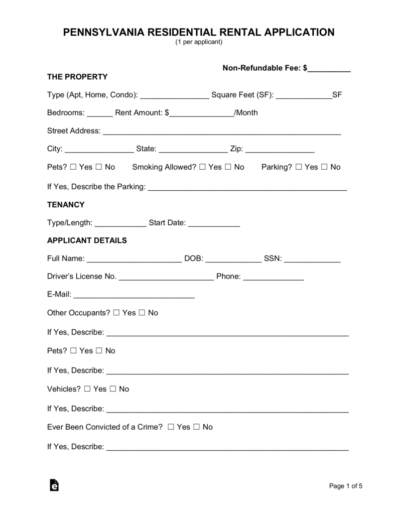 Free Pennsylvania Rental Application Form Word PDF EForms