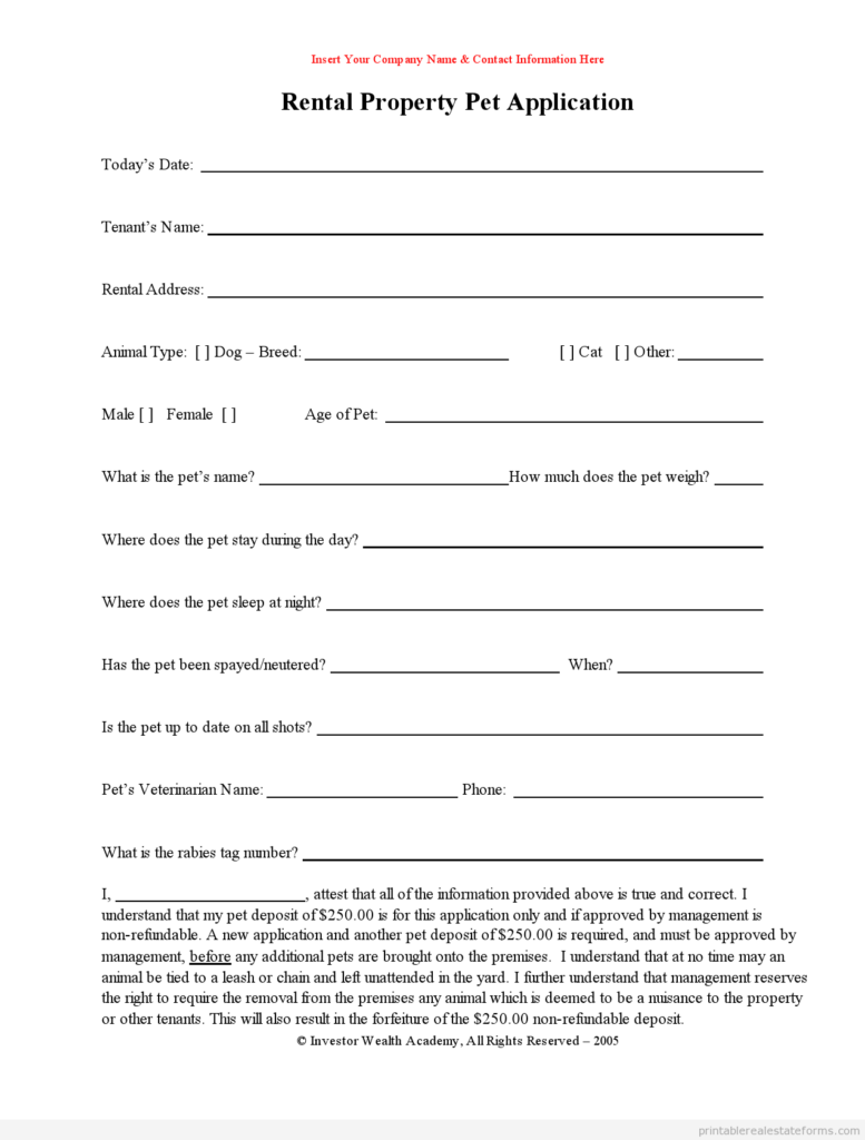 Free Printable Rental Pet Application Form PDF WORD 