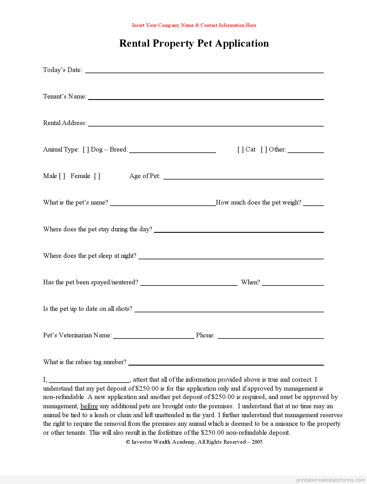 Free Printable Rental Pet Application Form PDF WORD