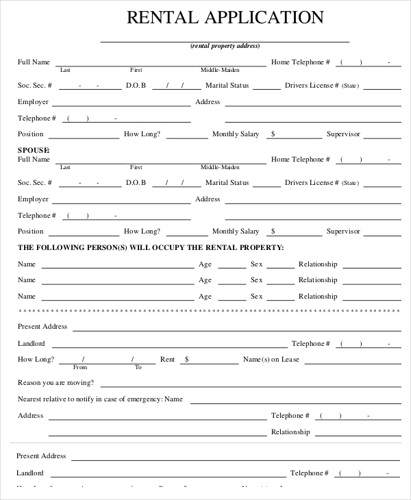 Free Rental Application Form Template Business