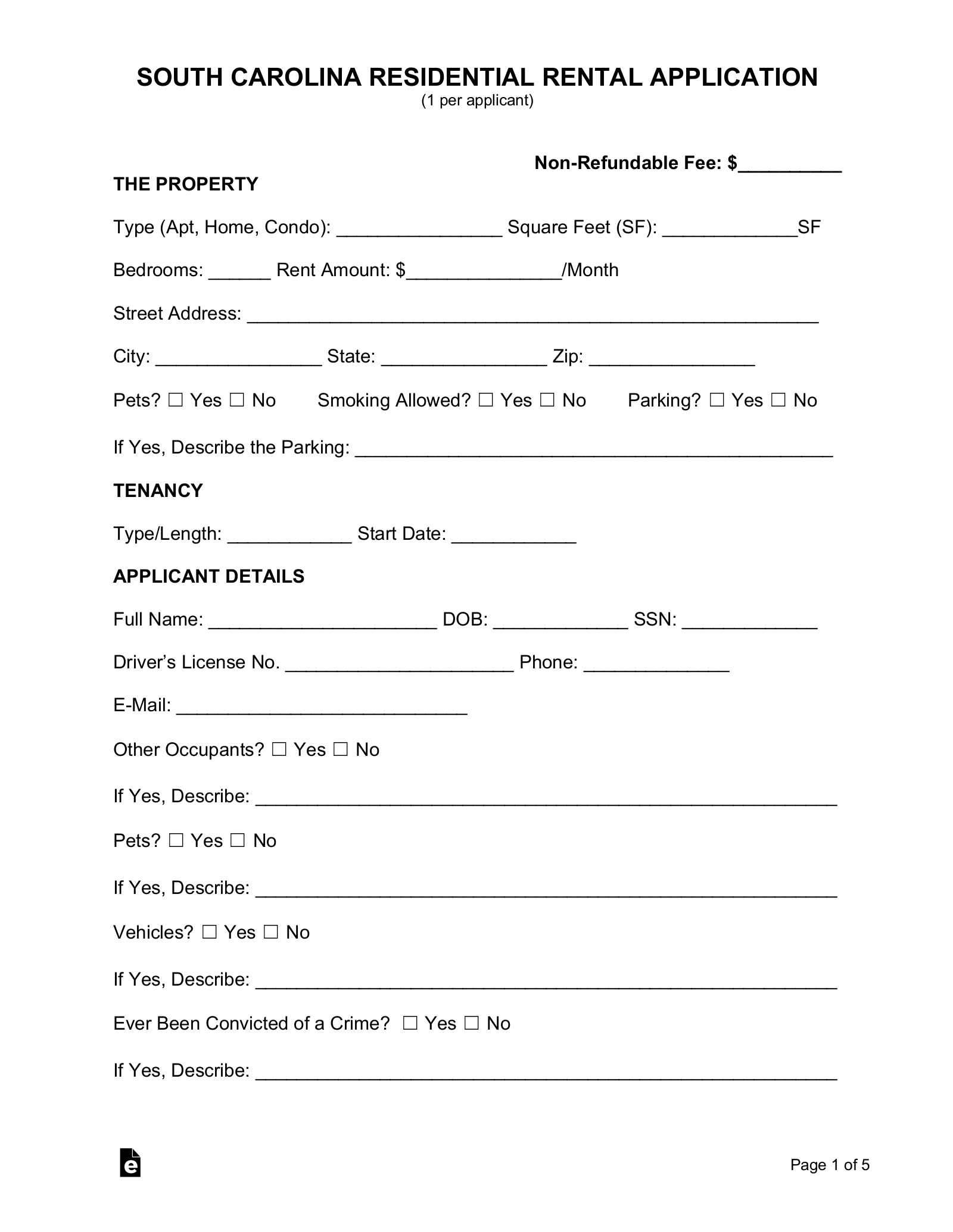 Free South Carolina Rental Application Form Word PDF EForms