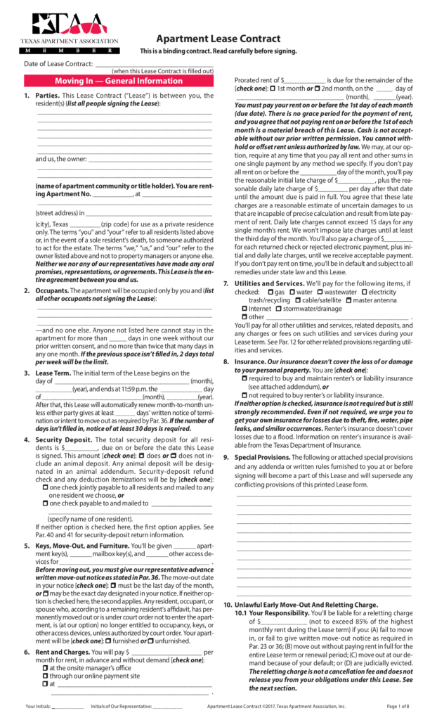 Free Texas Apartment Association Residential Lease Agreement Form PDF 