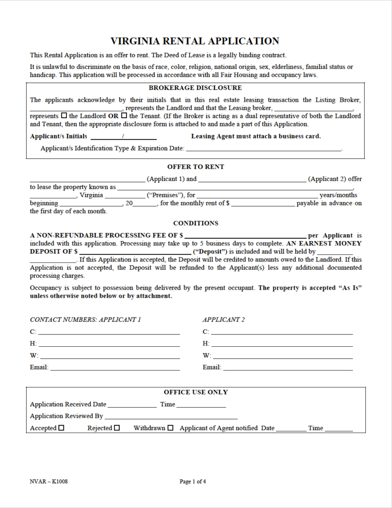 Free Virginia Rental Application Form K1008 PDF