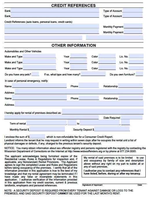 Free Wisconsin Rental Application Form PDF Template