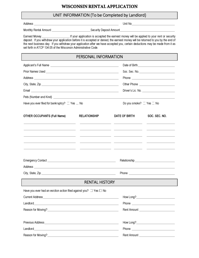 Free Wisconsin Rental Application PDF