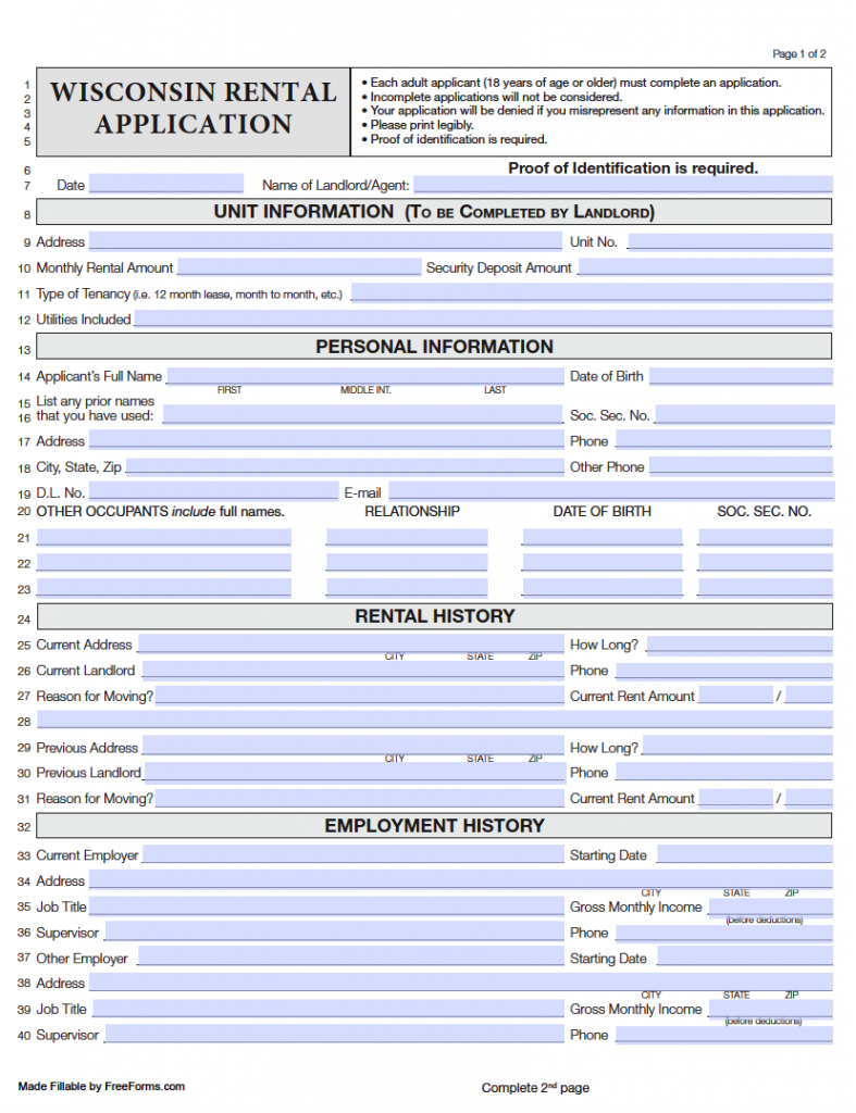 Free Wisconsin Residential Rental Application Form PDF