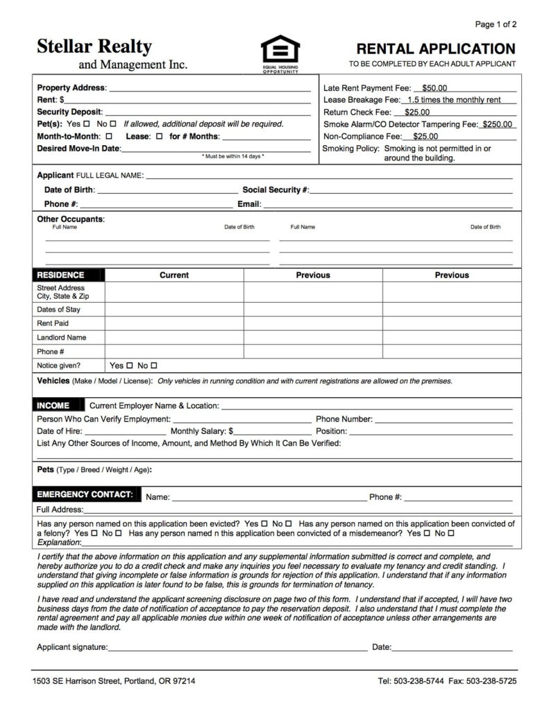 House Rental Application Form Free Printable Documents Rental 