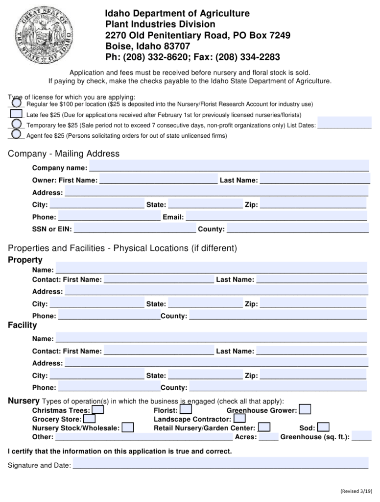 Idaho Nursery Application Form Download Fillable PDF Templateroller