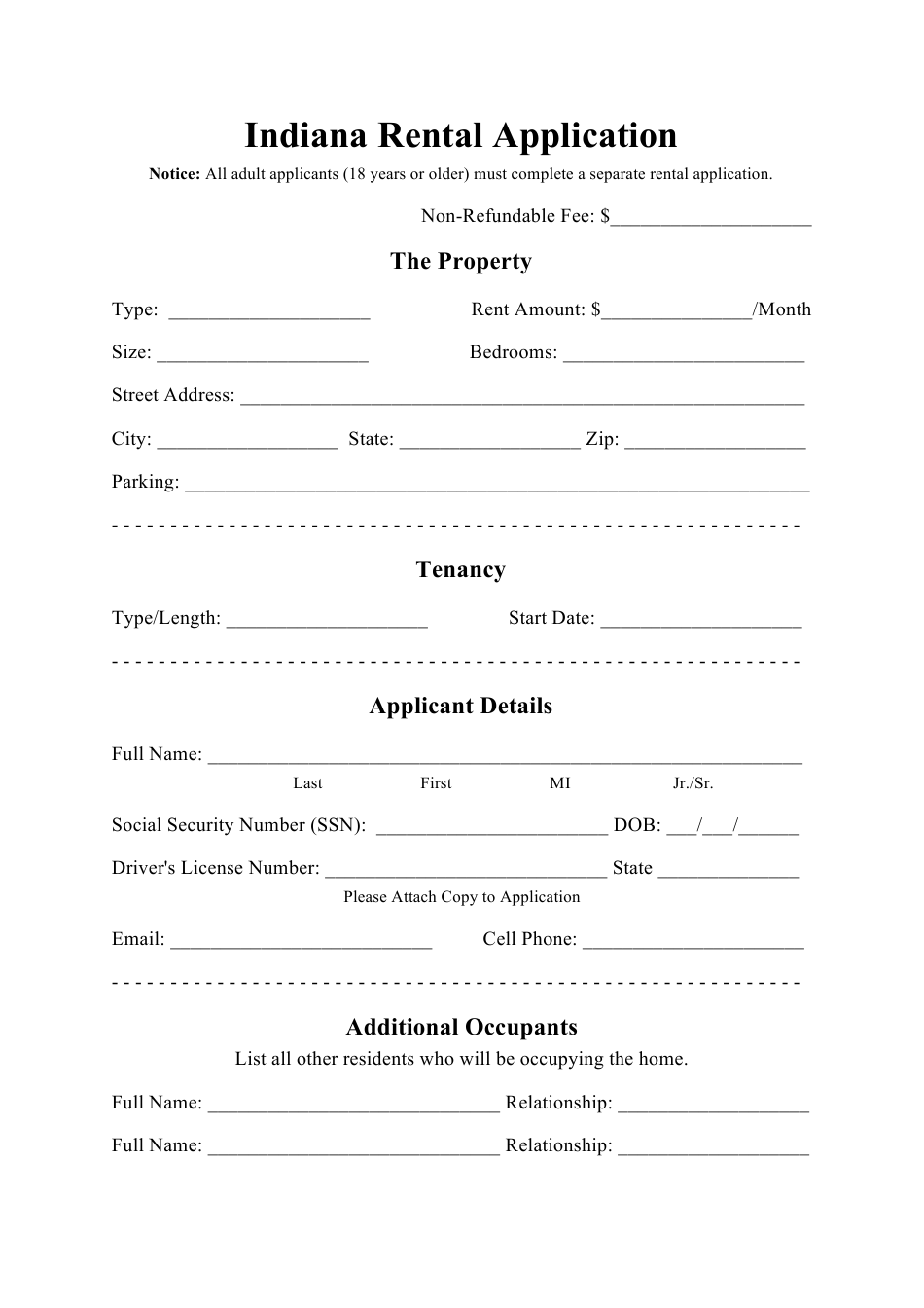 Indiana Rental Application Form Download Printable PDF Templateroller