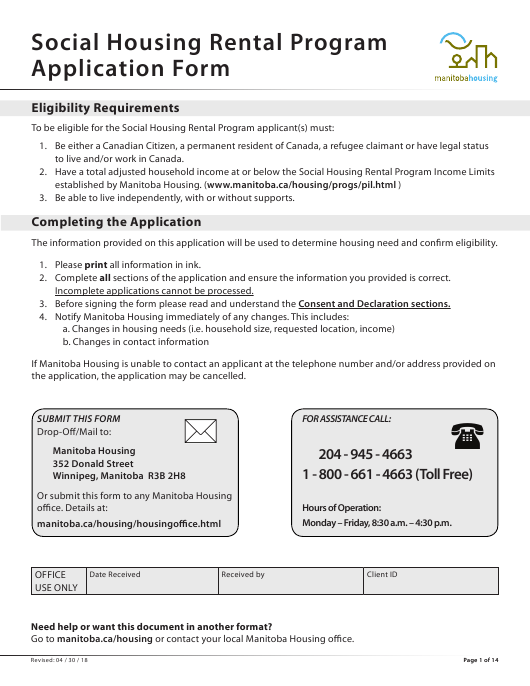 Manitoba Canada Social Housing Rental Program Application Form Download 