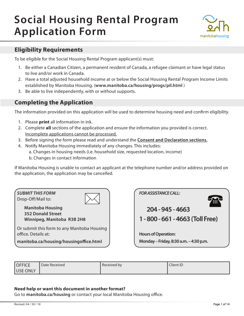 Manitoba Canada Social Housing Rental Program Application Form Download 