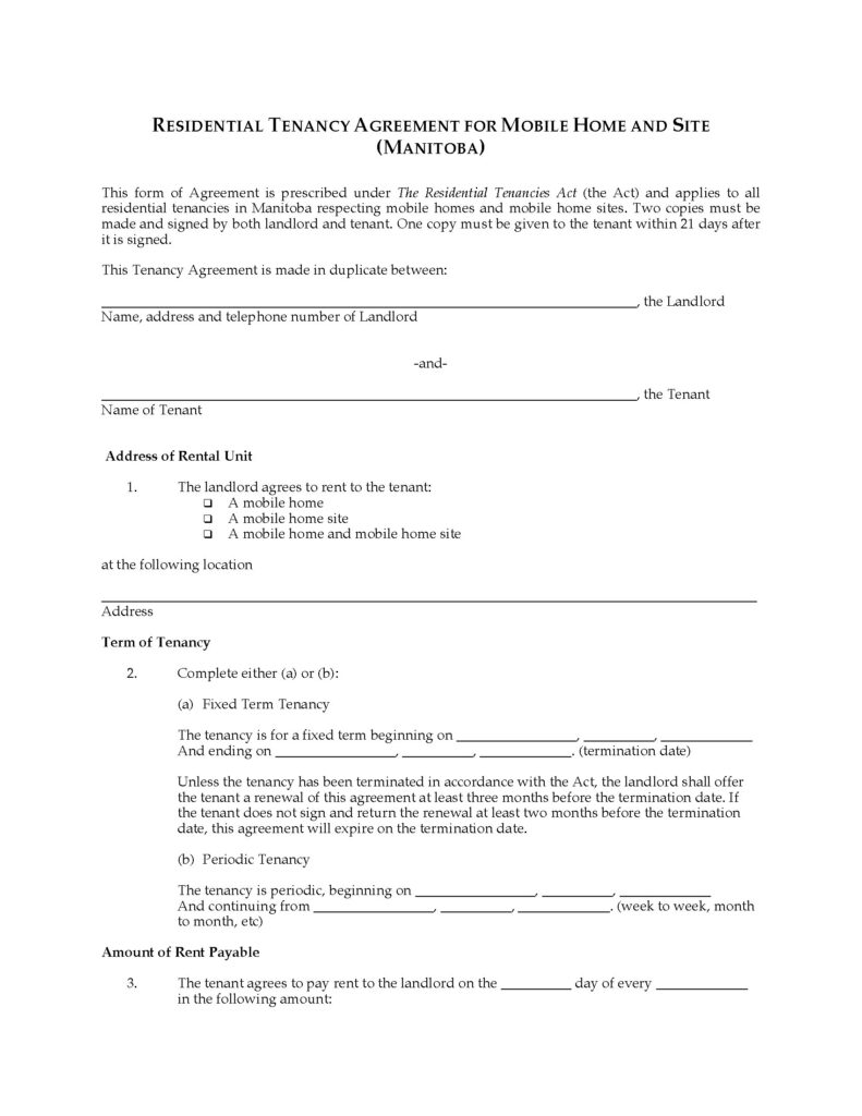 Manitoba Mobile Home Tenancy Agreement Legal Forms And Business 