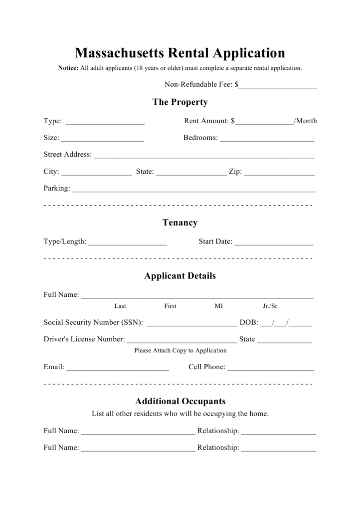 Massachusetts Rental Application Form Download Printable PDF 