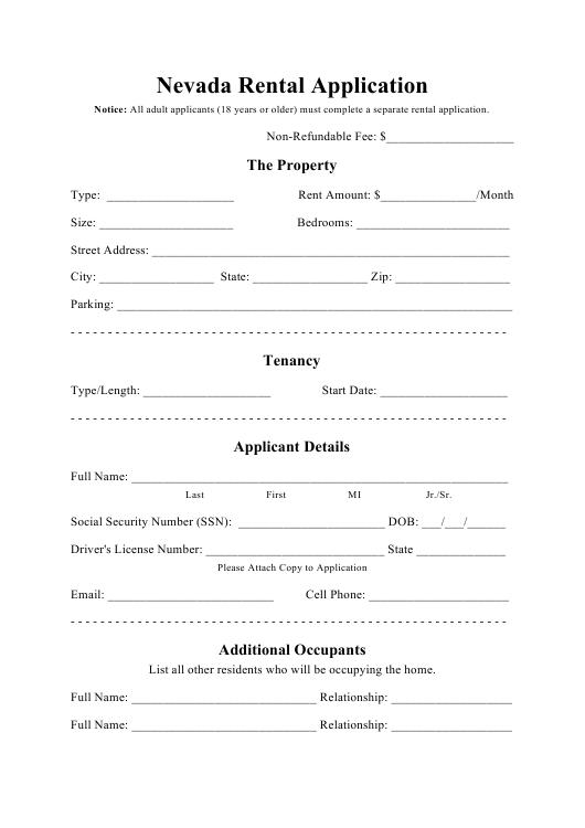 Nevada Rental Application Form Download Printable PDF Templateroller