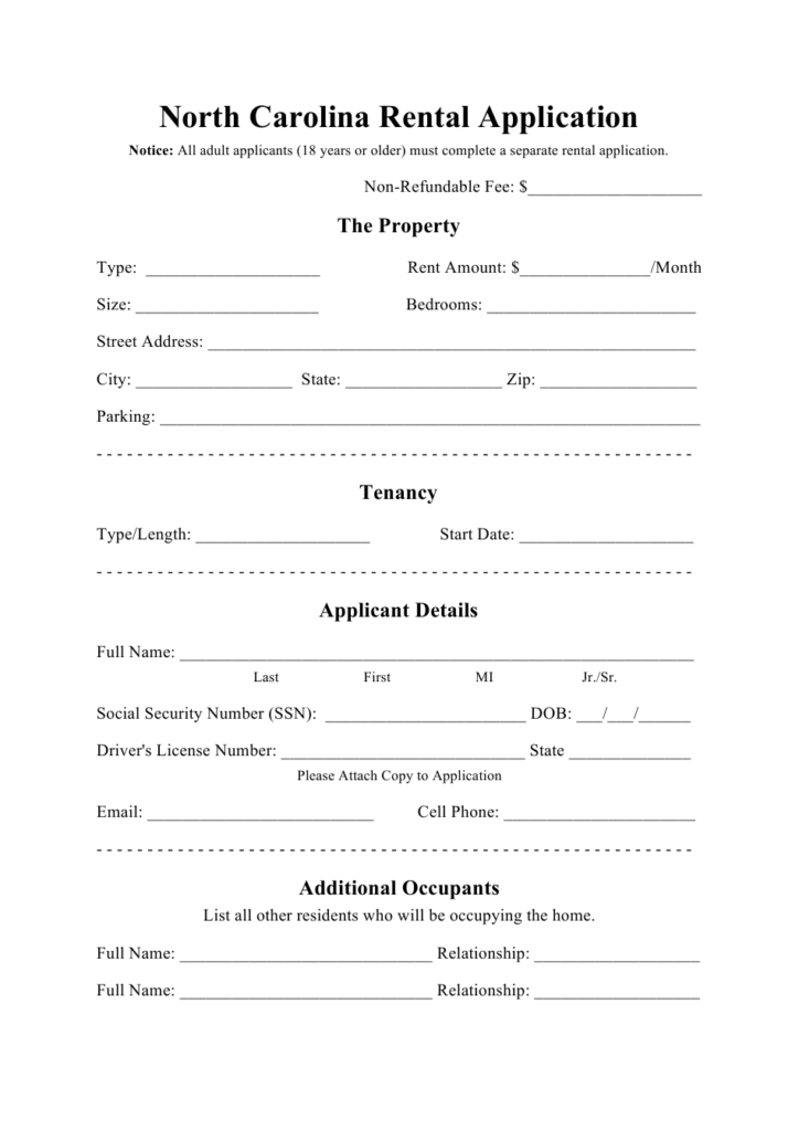 North Carolina Rental Application Form Download Printable PDF 