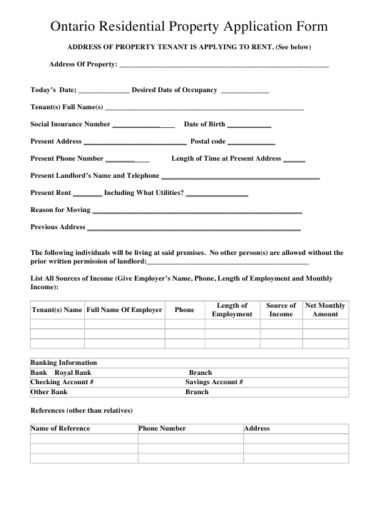Ontario Canada Residential Property Application Form Download Printable 