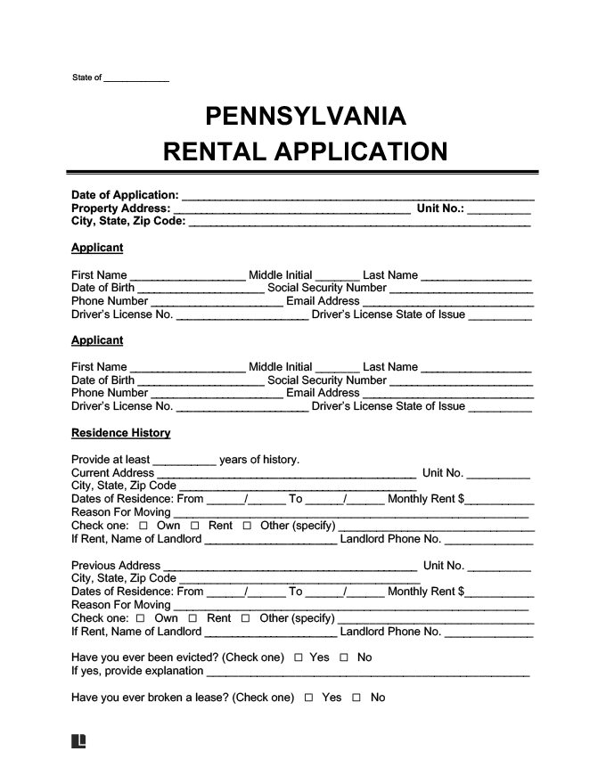 Pennsylvania Rental Application Form Create A Free PA Lease Application