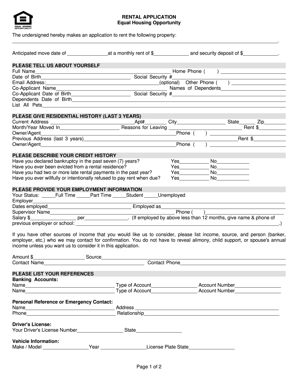 Rental Application 0 Form Printable Blank PDF Online