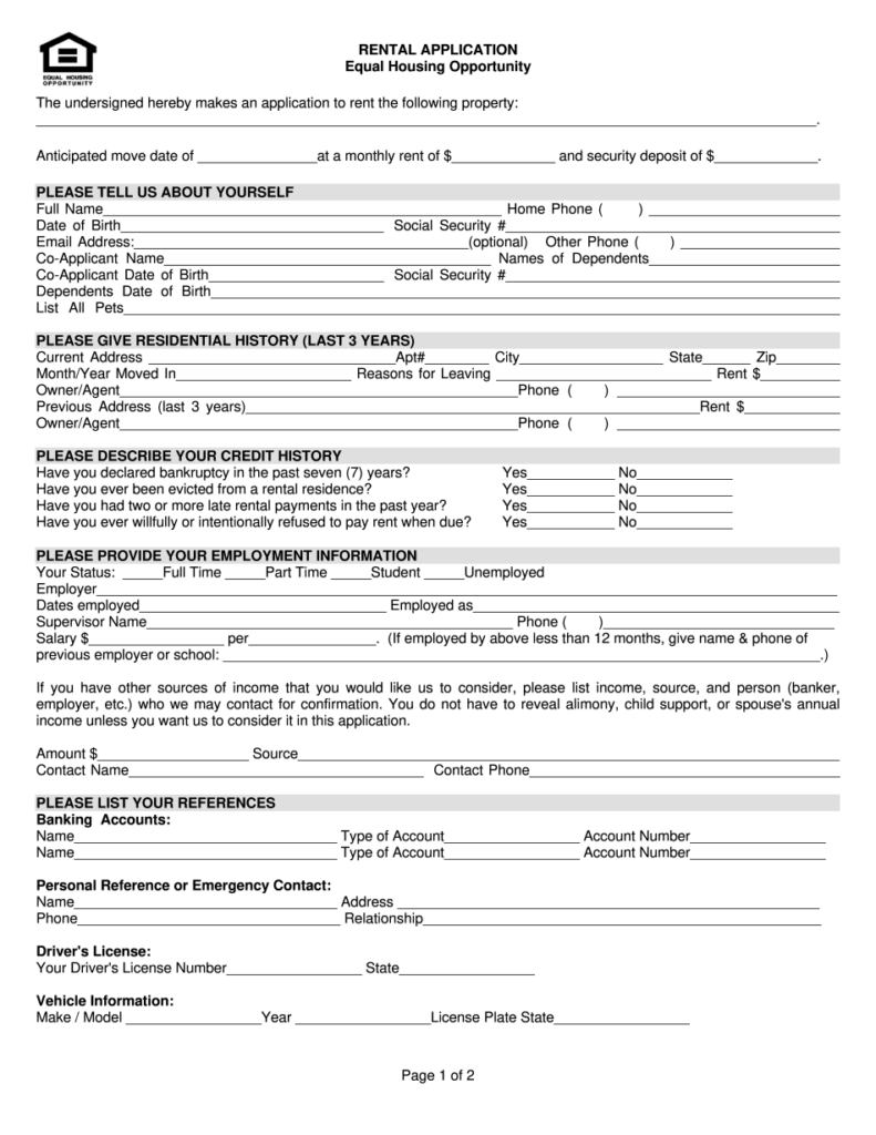 Rental Application 0 Form Printable Blank PDF Online