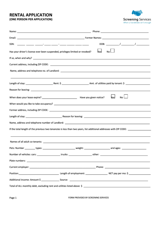 Rental Application One Person Per Application Form Printable Pdf Download