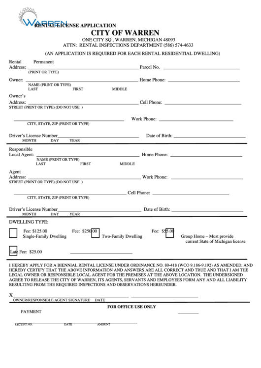 Rental License Application Form City Of Warren Printable Pdf Download