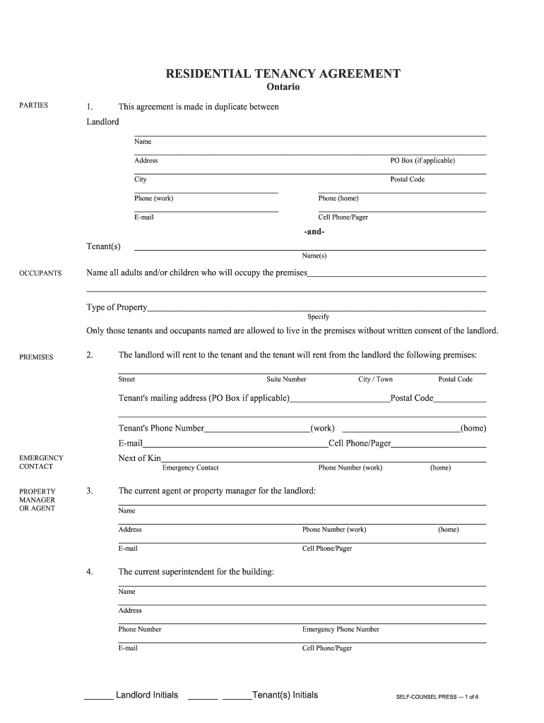 Residential Tenancy Agreement Ontario Fillable Form Fill Online 