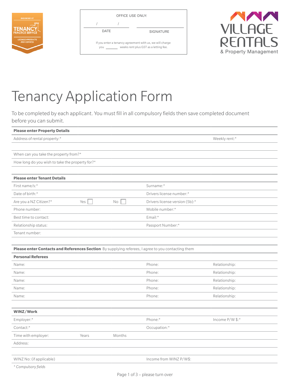 Tenancy Application Form Village Rentals Property Management