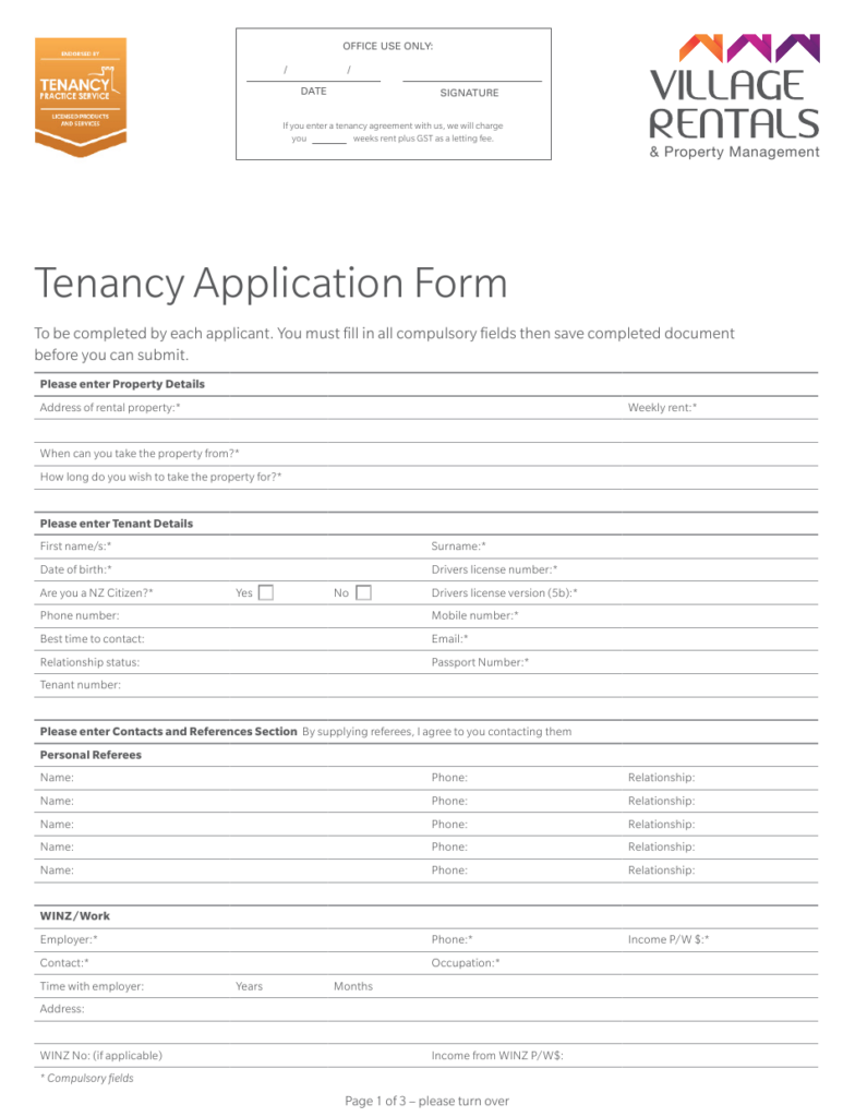 Tenancy Application Form Village Rentals Property Management 