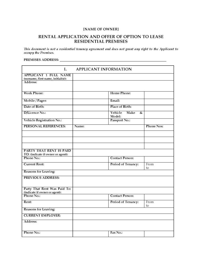 Western Australia Rental Application And Offer Of Option To Lease 
