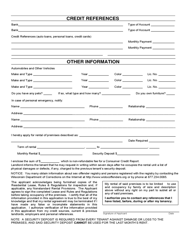 Wisconsin Rental Application Form Free Download