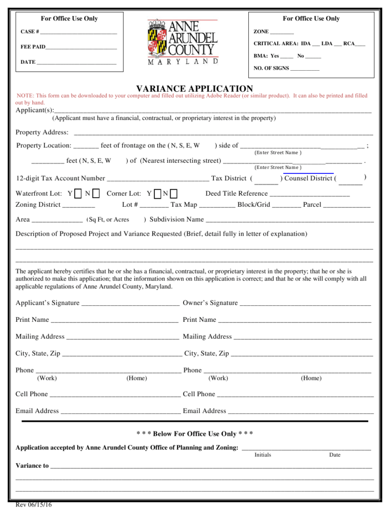 Anne Arundel County Maryland Variance Application Form Download 