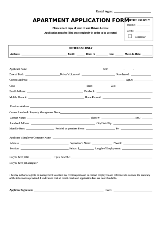 Apartment Application Form Printable Pdf Download