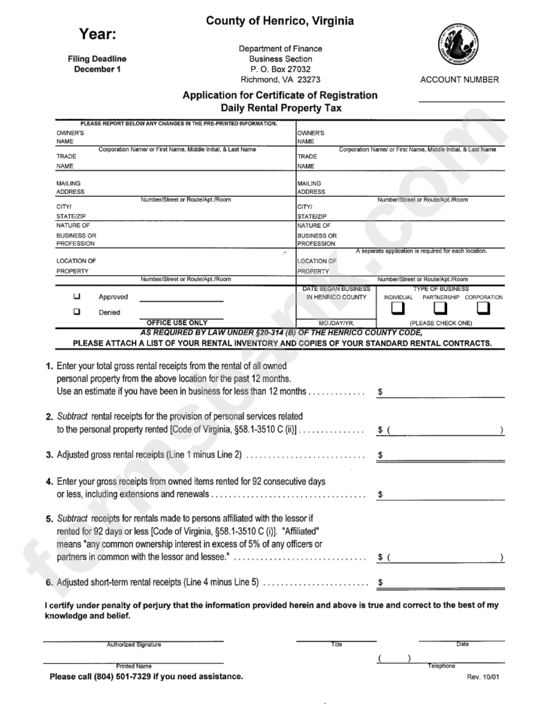 Application For Certificate Of Registration Daily Rental Property Tax 