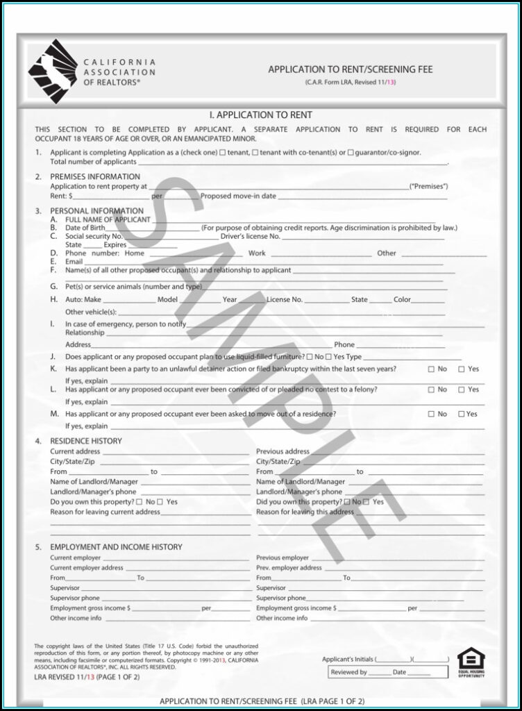 California Association Of Realtors Application To Rent Fillable Form 