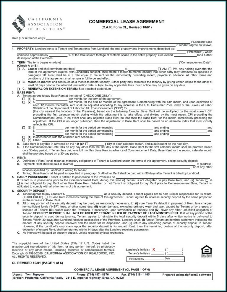 California Association Of Realtors Rental Agreement Form Pdf Form 