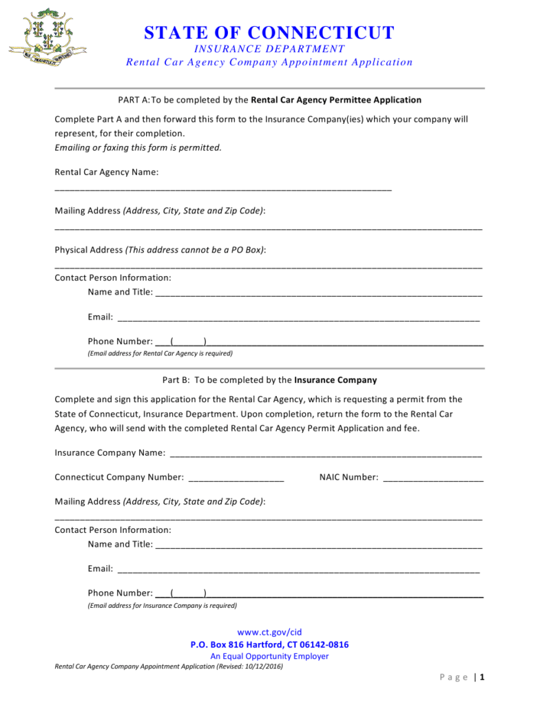 Connecticut Rental Car Agency Company Appointment Application Form 