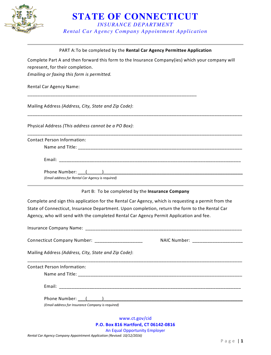 Connecticut Rental Car Agency Company Appointment Application Form