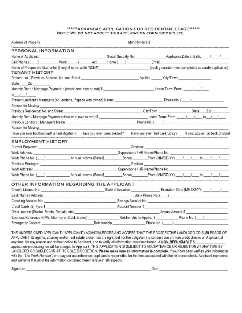 Download Free Arkansas Rental Application Template Printable Lease 