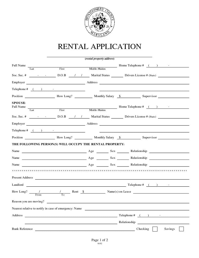 Download Free Maryland Rental Application Form Printable Lease Agreement