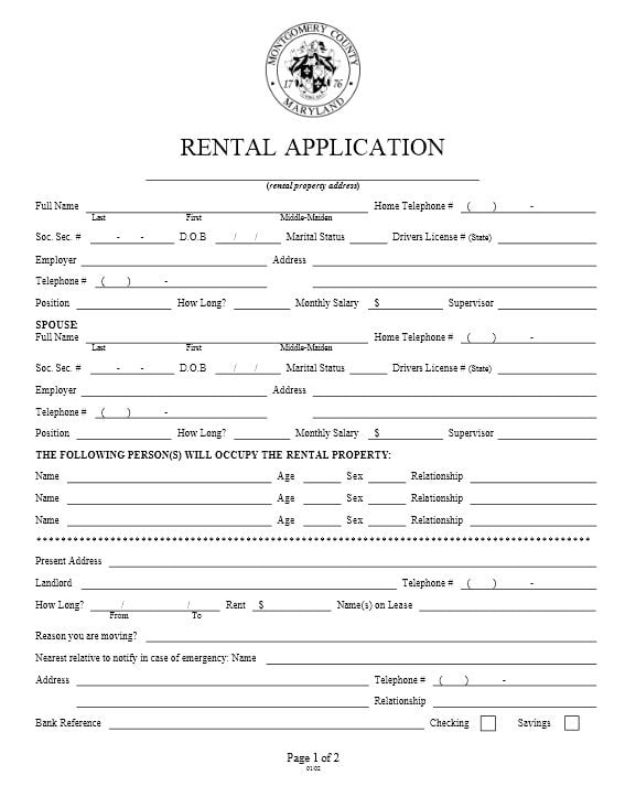 Download Free Maryland Rental Application Form Printable Lease Agreement