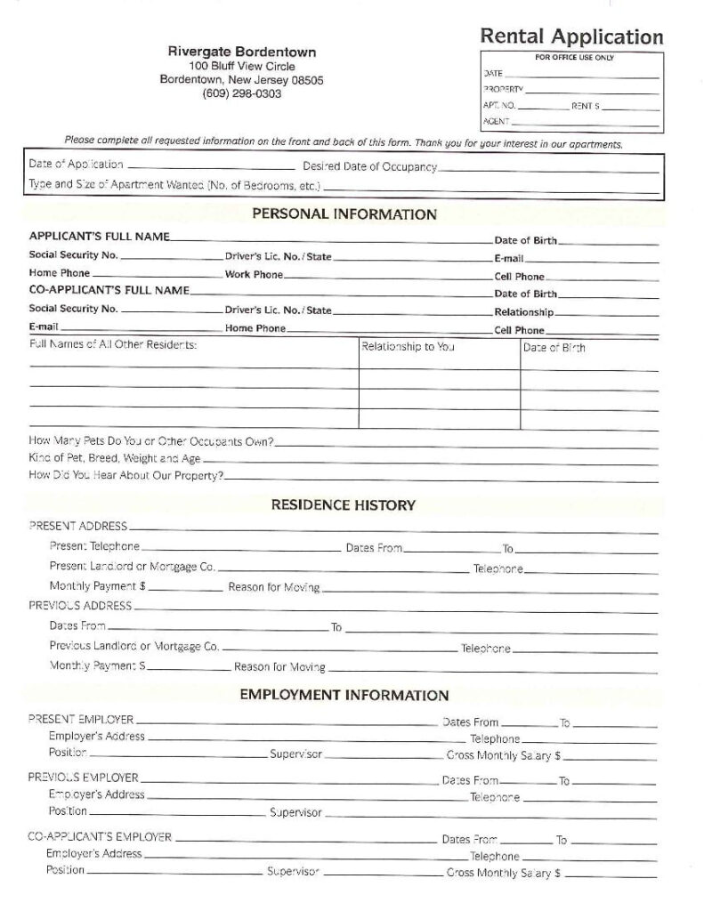 Download Free New Jersey Rental Application Form Printable Lease 