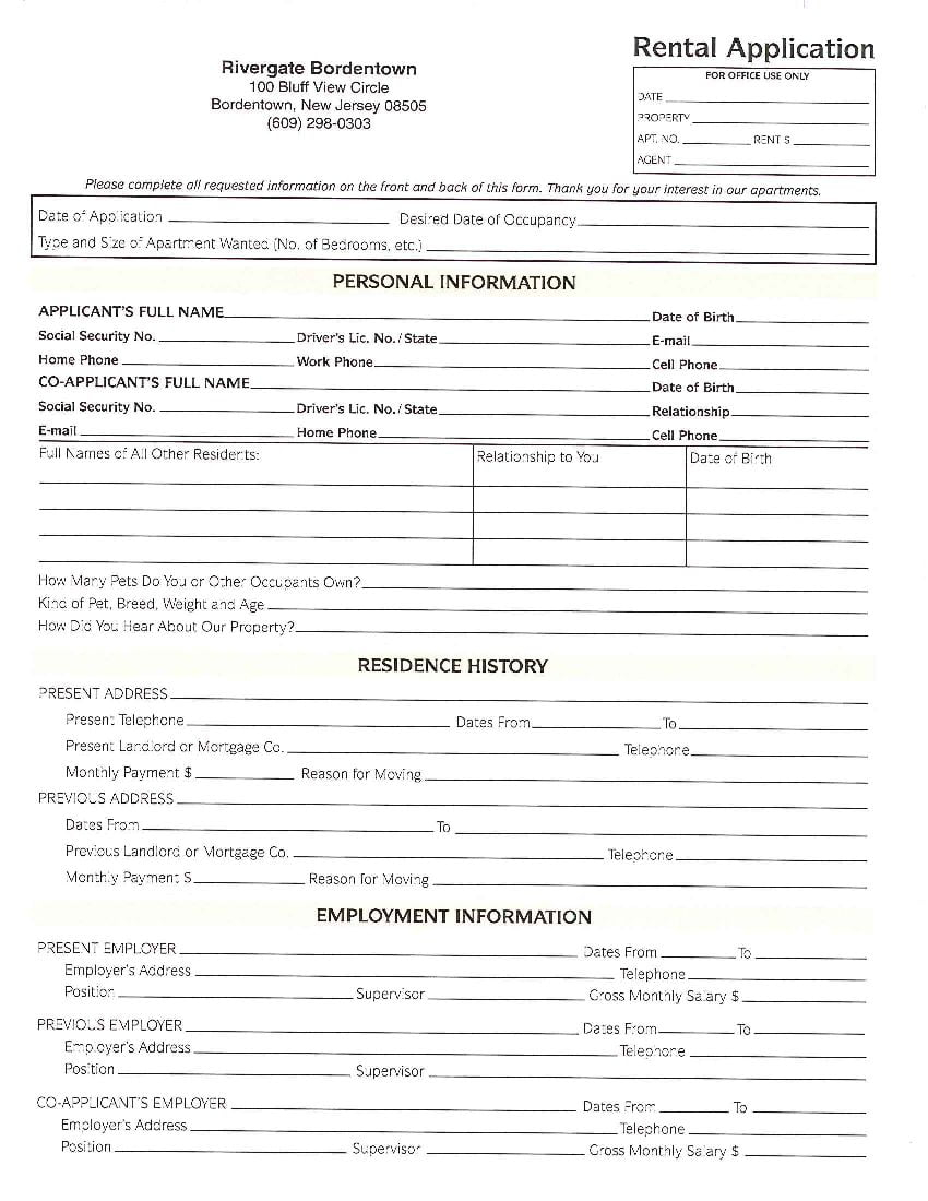 Download Free New Jersey Rental Application Form Printable Lease