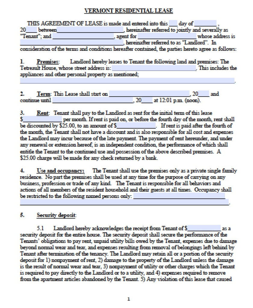 Download Vermont Rental Lease Agreement Forms And Templates PDF Word