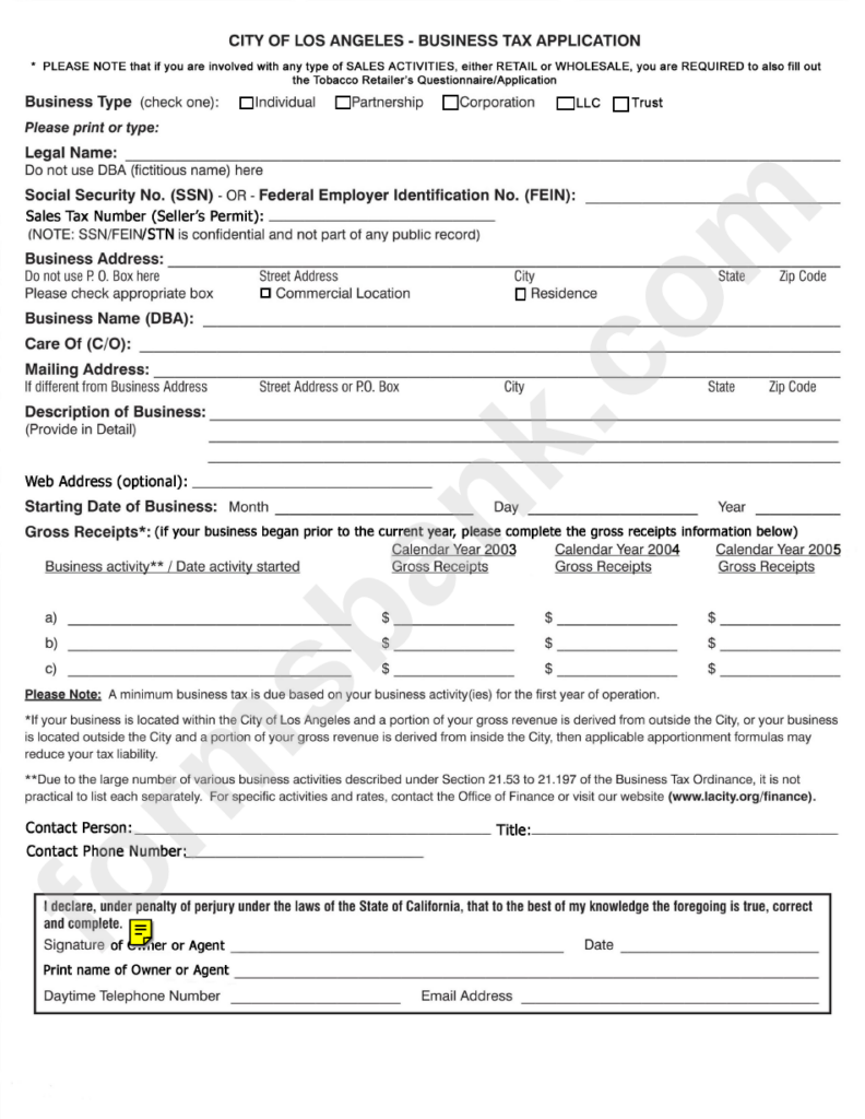 Fillable Business Tax Application Form City Of Los Angeles Printable 