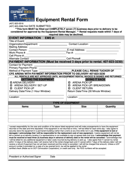 Fillable Equipment Rental Form Printable Pdf Download