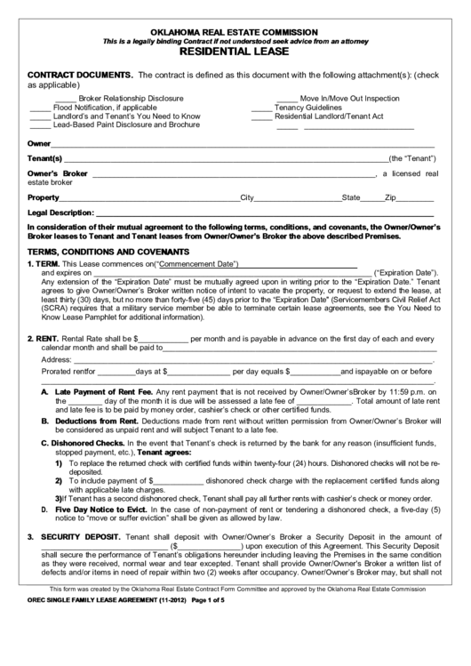 Fillable Oklahoma Real Estate Commission Residential Lease Printable 