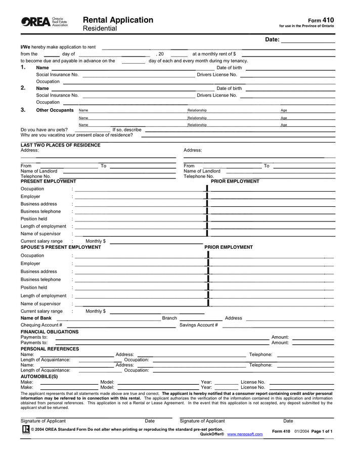 Form 410 Rental Application In Word And Pdf Formats