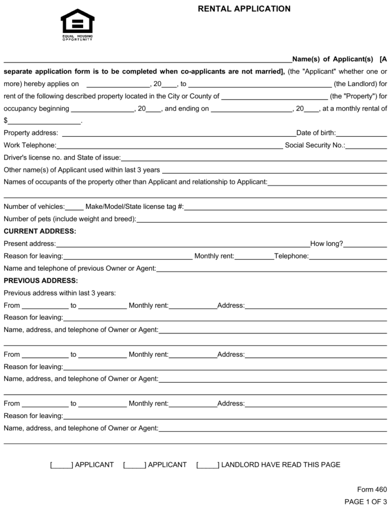 Form 460 Download Fillable PDF Or Fill Online Rental Application 